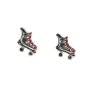 Vintage Roller Skate Red Black Pierced Stud Earrings Silver Toned Enamel Small